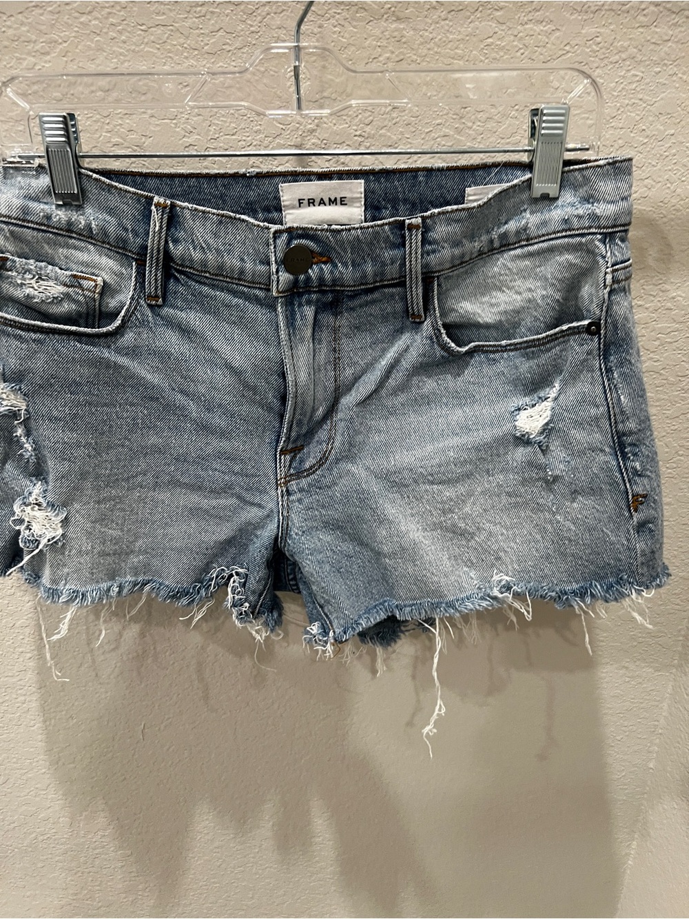 Frame Denim Faded Light Blue Distressed Cutoff Shorts